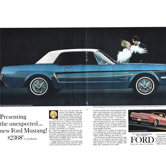 1964 Ford Mustang Convertible Auto Car Classic Vintage Print Ad 2 PAGE 11 inch - Picture 1 of 2